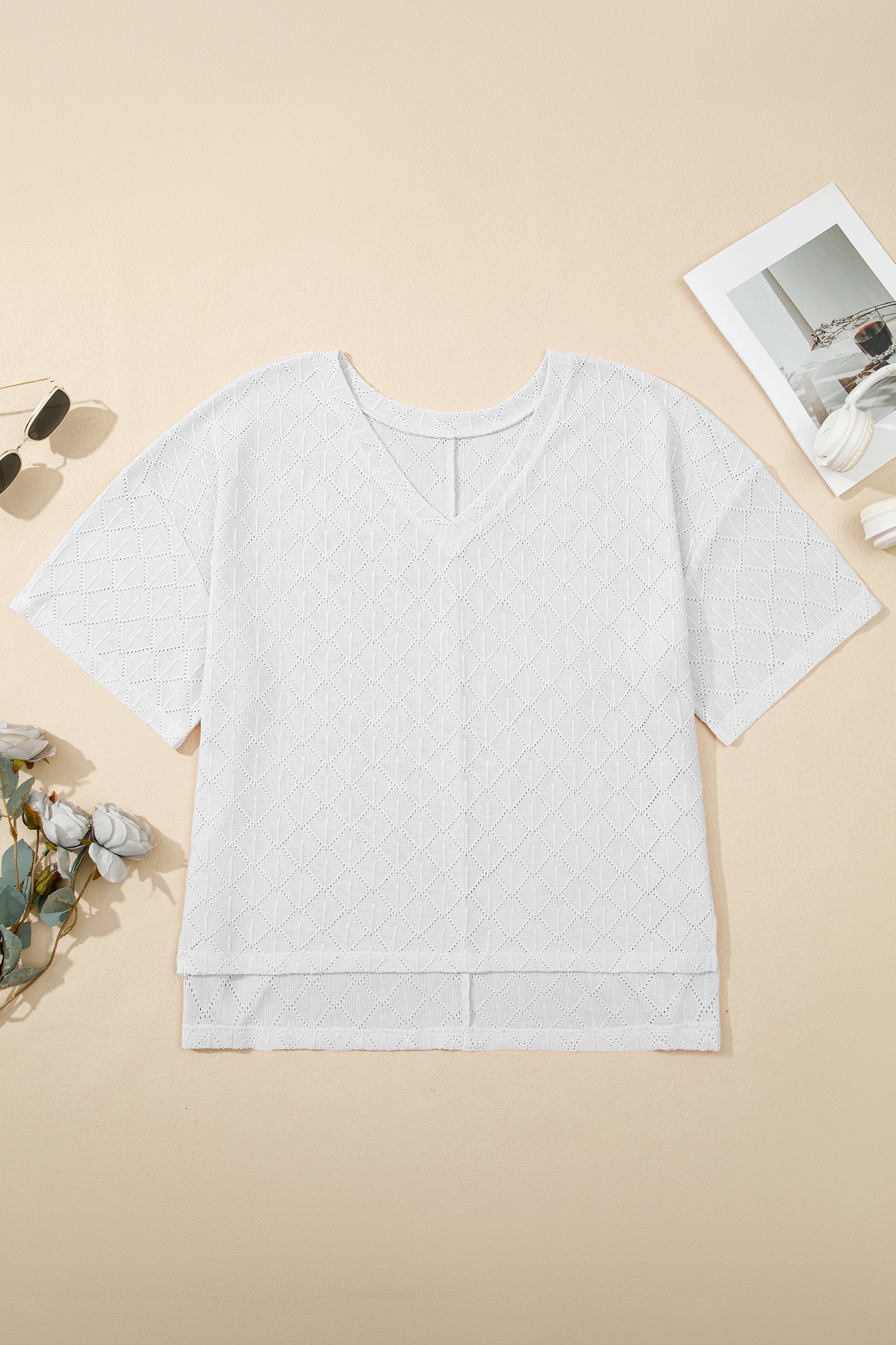 Plus Size Solid Pointelle Knit Rhombus V-Neck Top