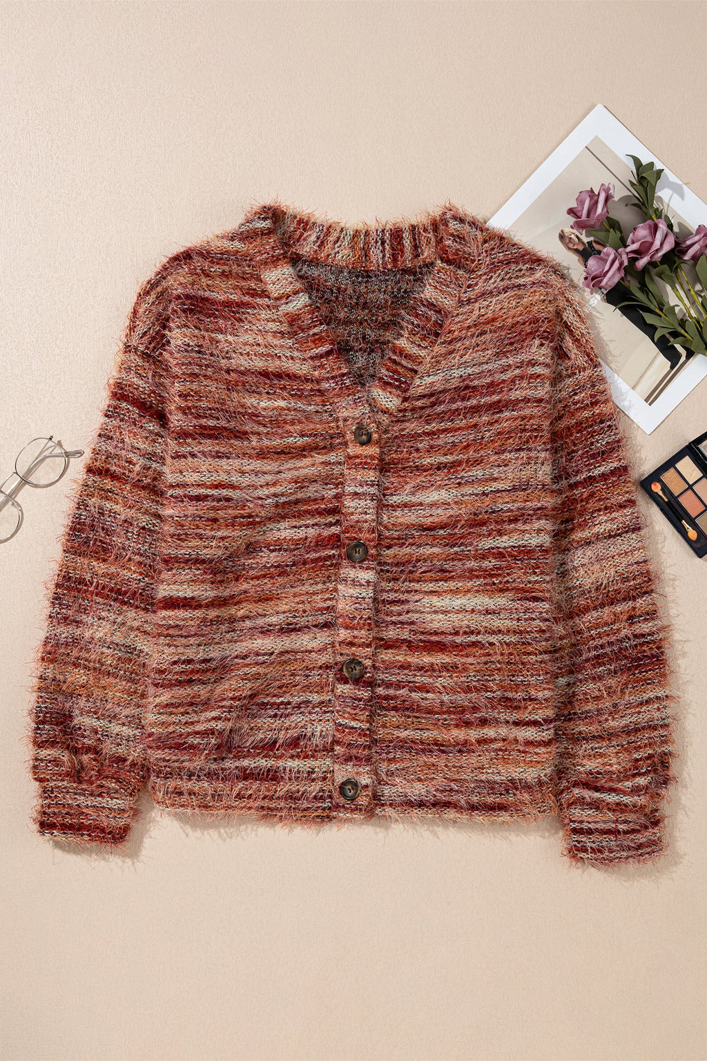 Stripe Fuzzy Button Front Cardigan Sweater