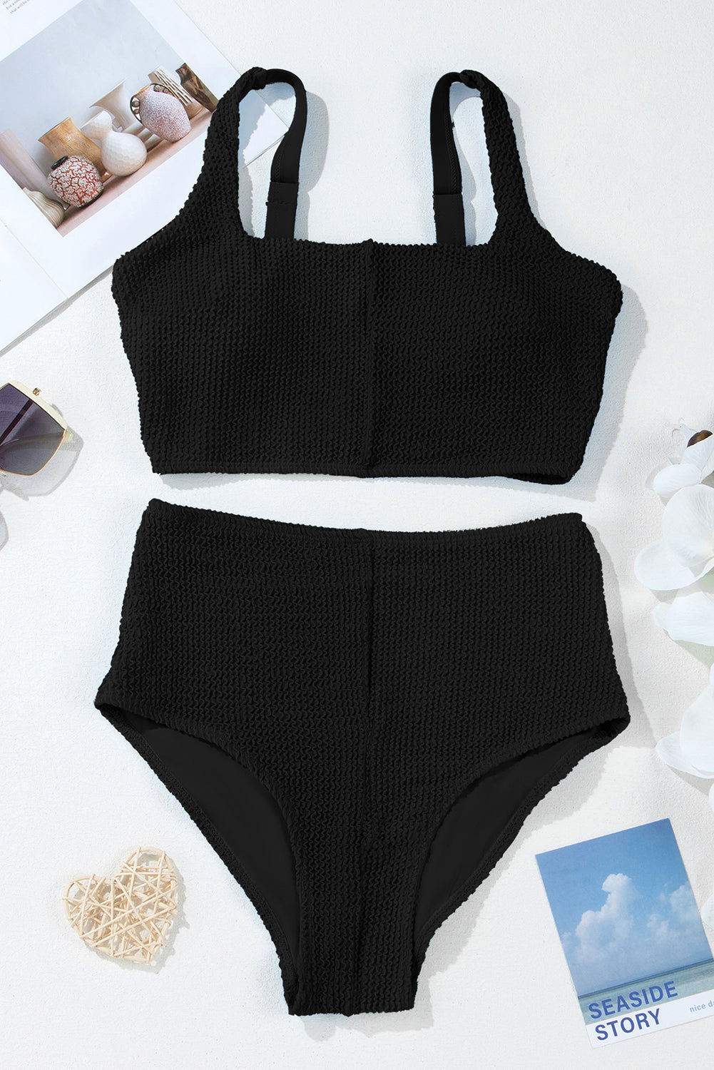 Colorblock Corded Top & High Waist Bikini Set