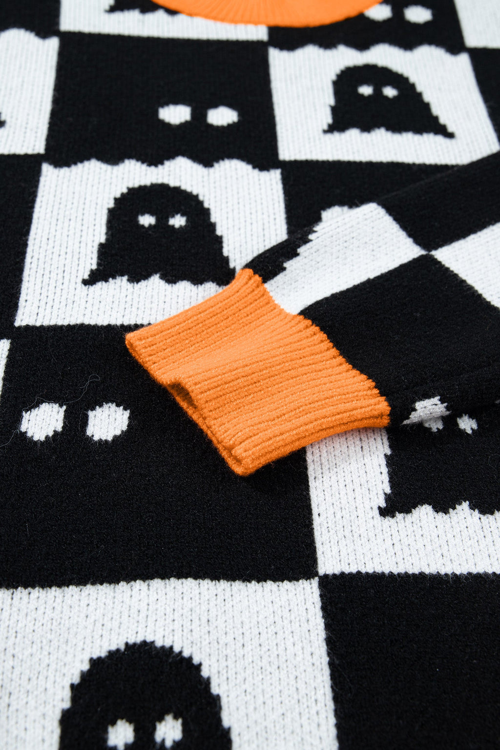 Halloween Ghost Checker High Neck Drop Shoulder Sweater