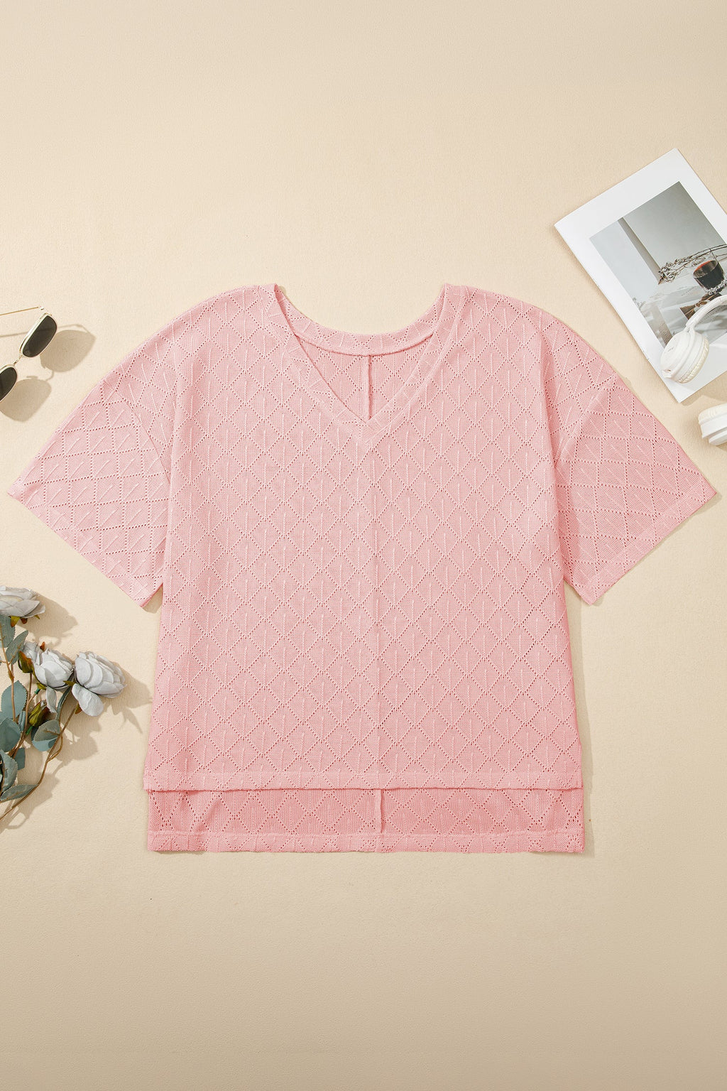 Plus Size Solid Pointelle Knit Rhombus V-Neck Top