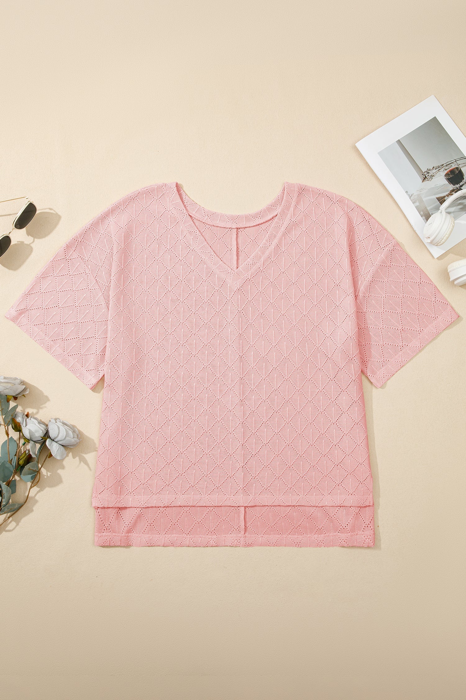 Plus Size Solid Pointelle Knit Rhombus V-Neck Top