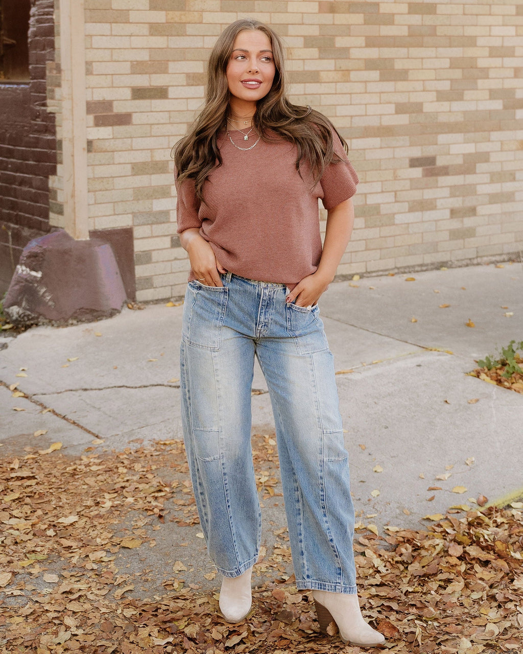 Maya Mock Neck Short Sleeve Sweater - Brown