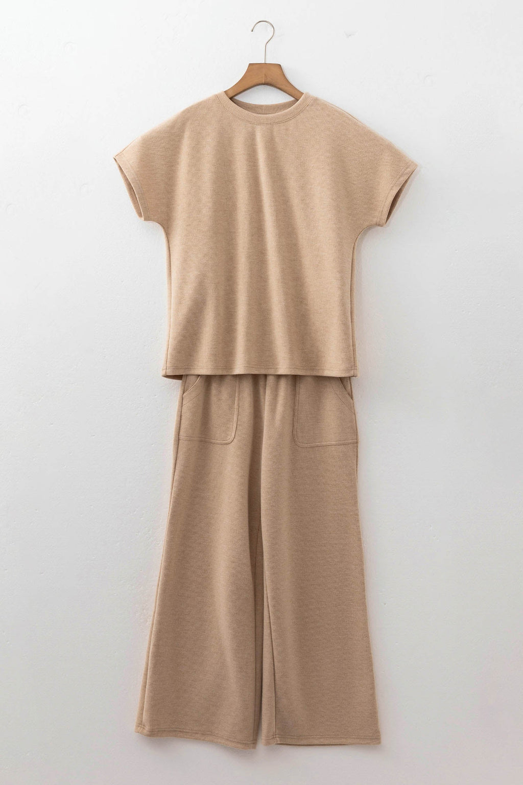 Ribbed Short Sleeve Top & Wide Leg Pants Set