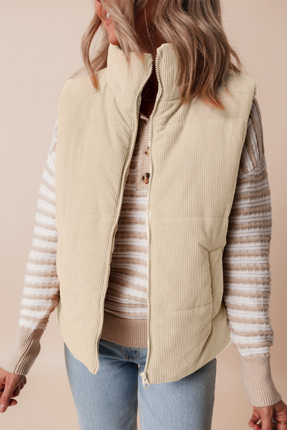 Scottie Solid Color Corduroy Puffer Vest Coat - Beige