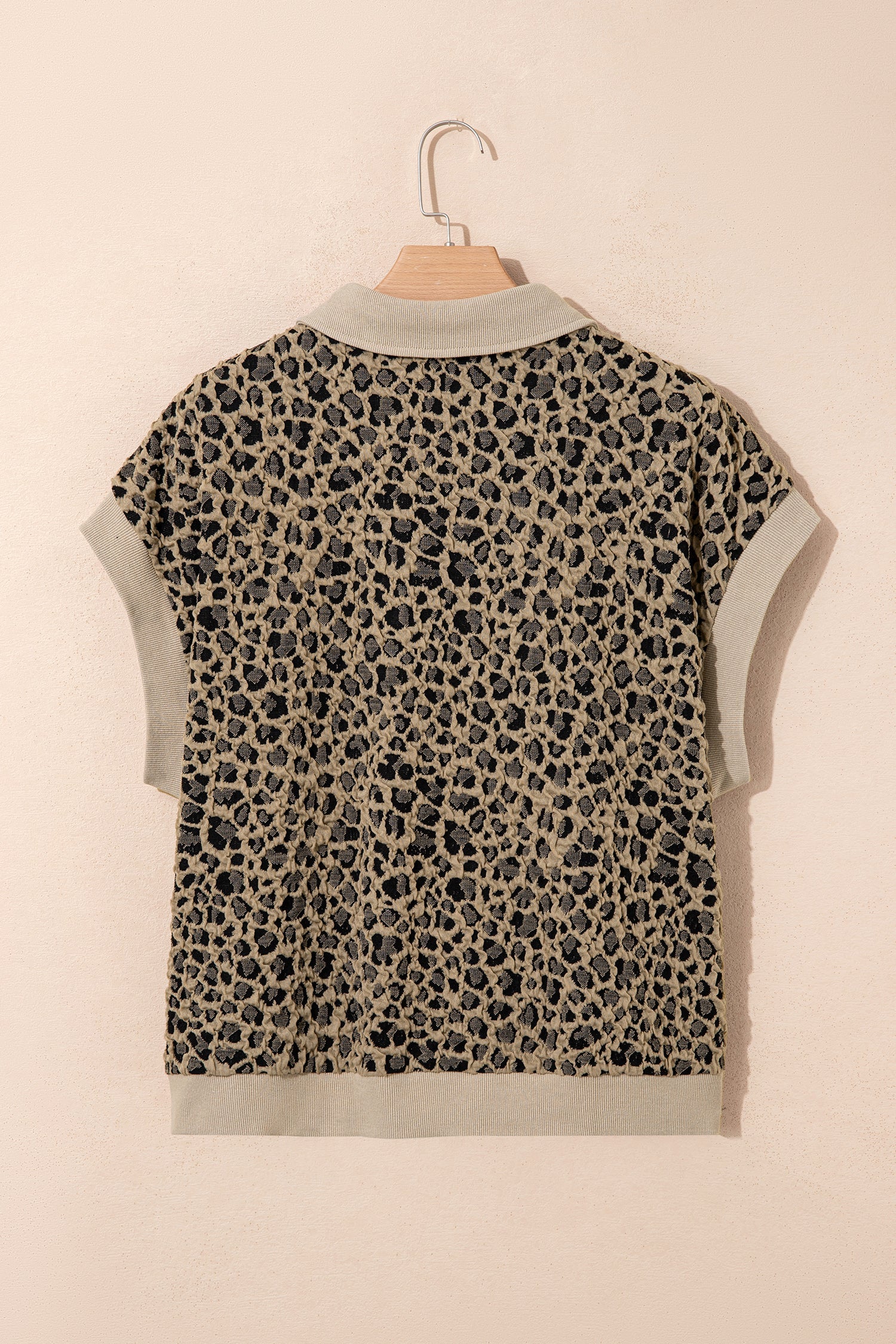Plus Size Leopard Patchwork Ribbed Zip Up Collar Top