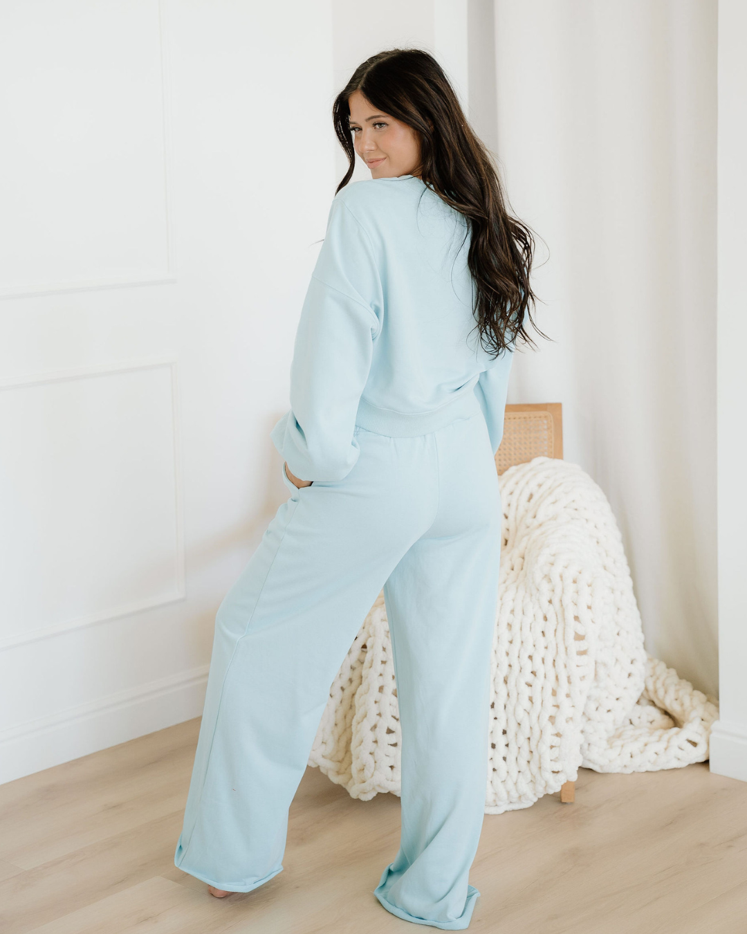 Miles Crop Pullover Drawstring Wide Leg Pants Set - Blue