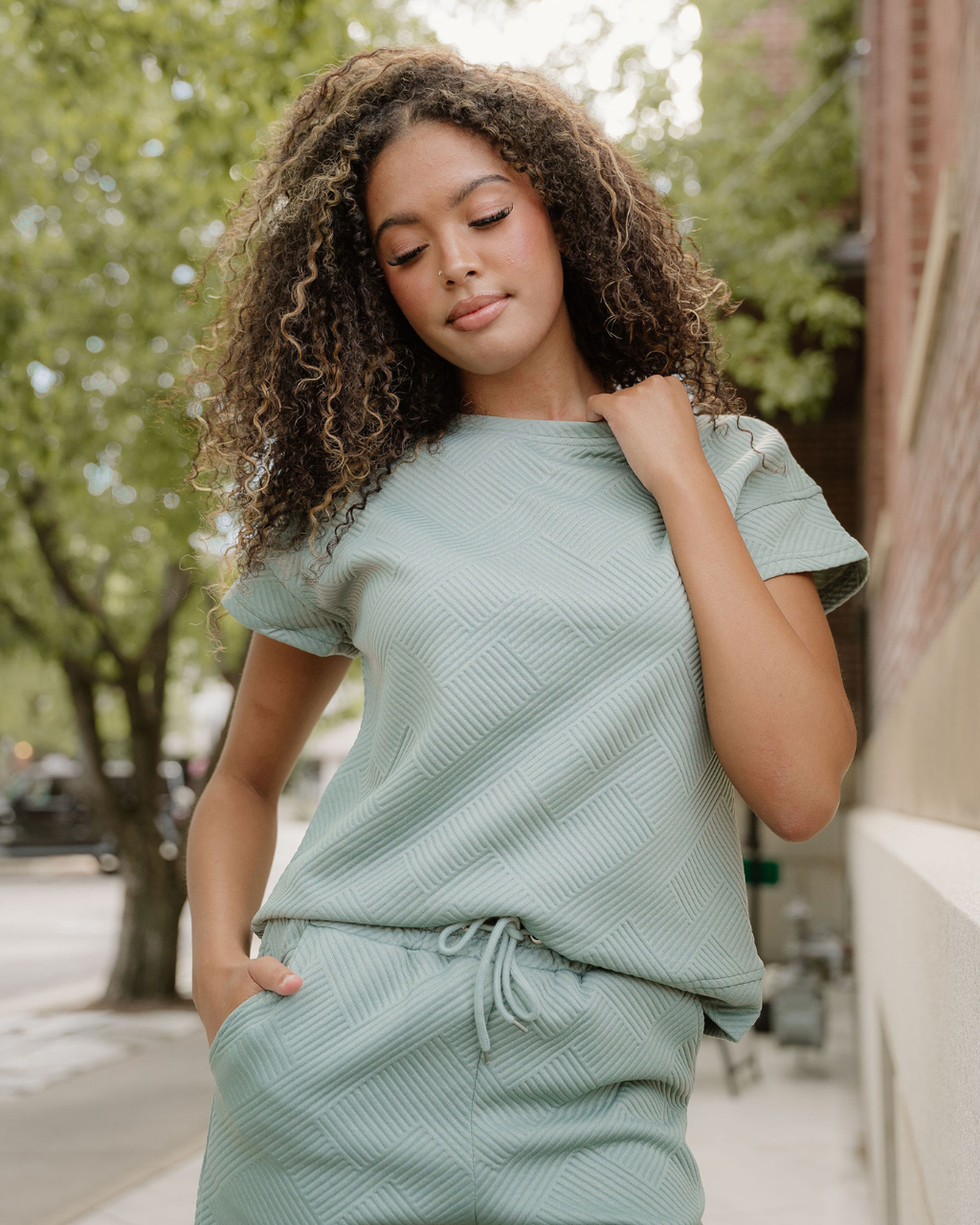 Astrid Textured Short Sleeve Top and Shorts Set - Seafoam