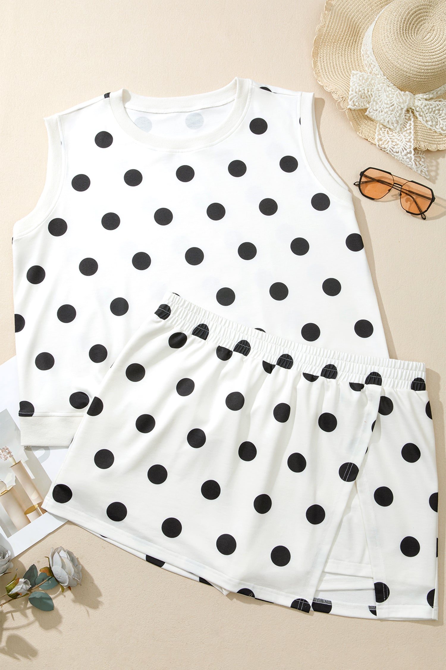 Plus Size Polka Dot Tank & Split Skort Set