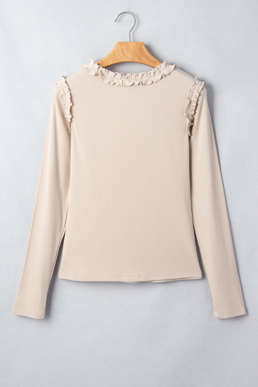 Solid Ribbed Knit Frilled Long Sleeve Top