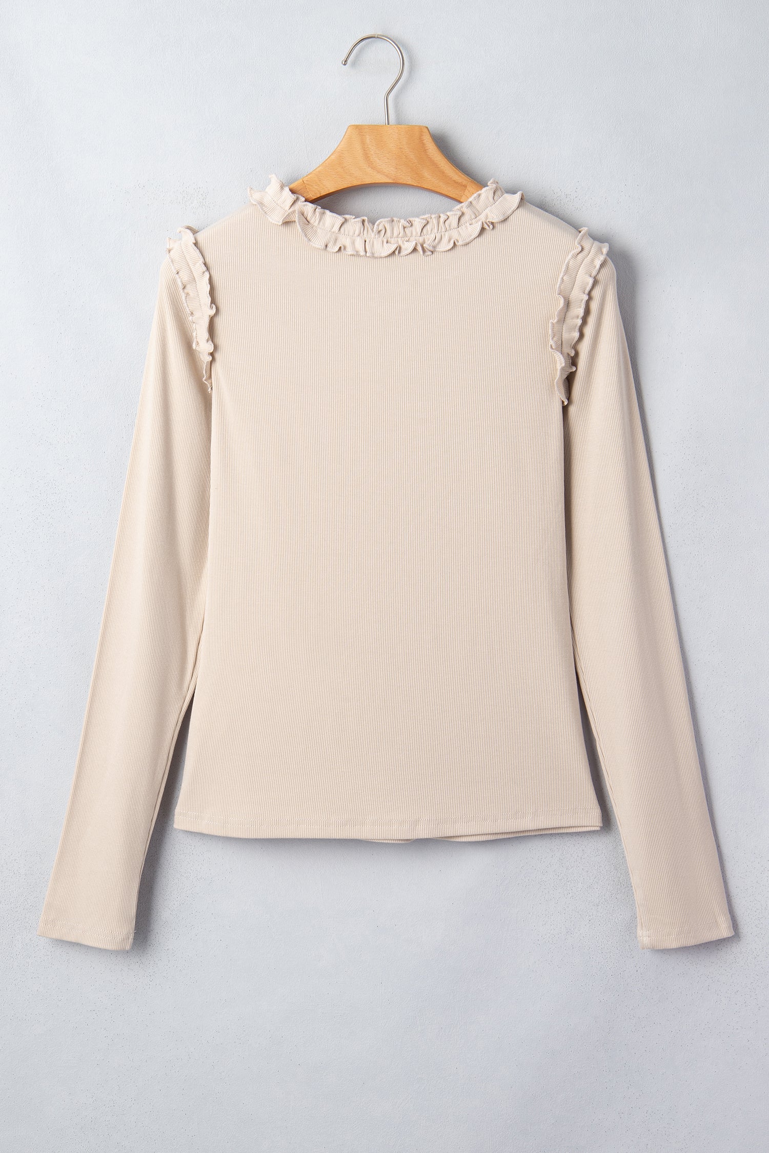 Solid Ribbed Knit Frilled Long Sleeve Top