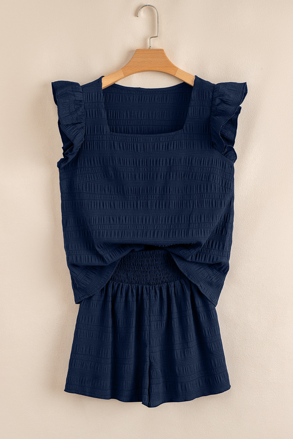 Textured Square Neck Top & High Waist Shorts Set