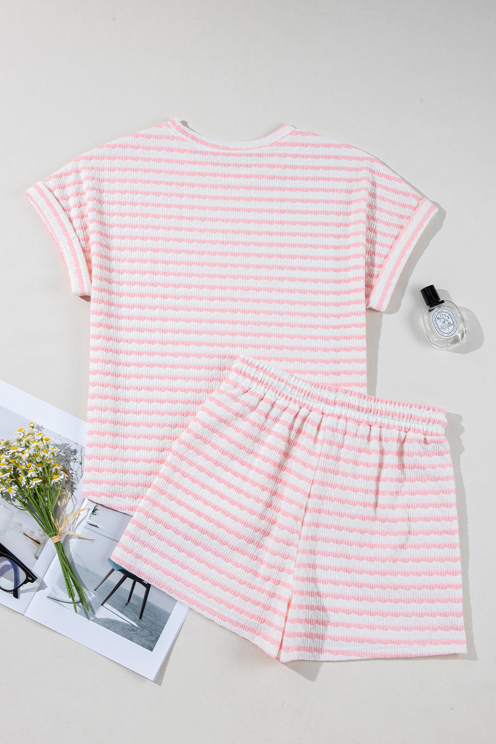 Stripe Knitted Top & Drawstring Shorts Set
