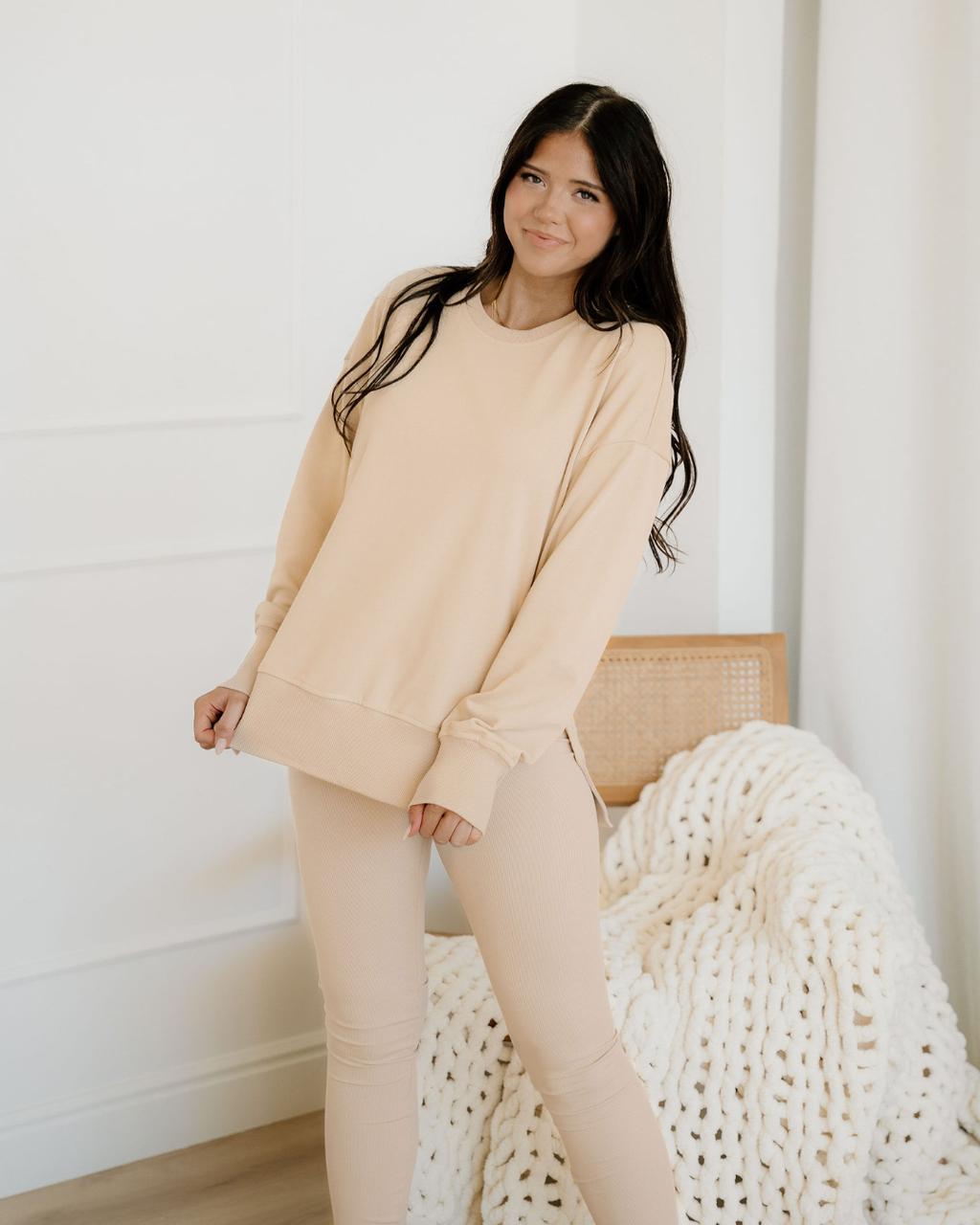 Remi Solid Color Oversize Slit Sweatshirt Ribbed Leggings 2pcs Set - Jet Stream