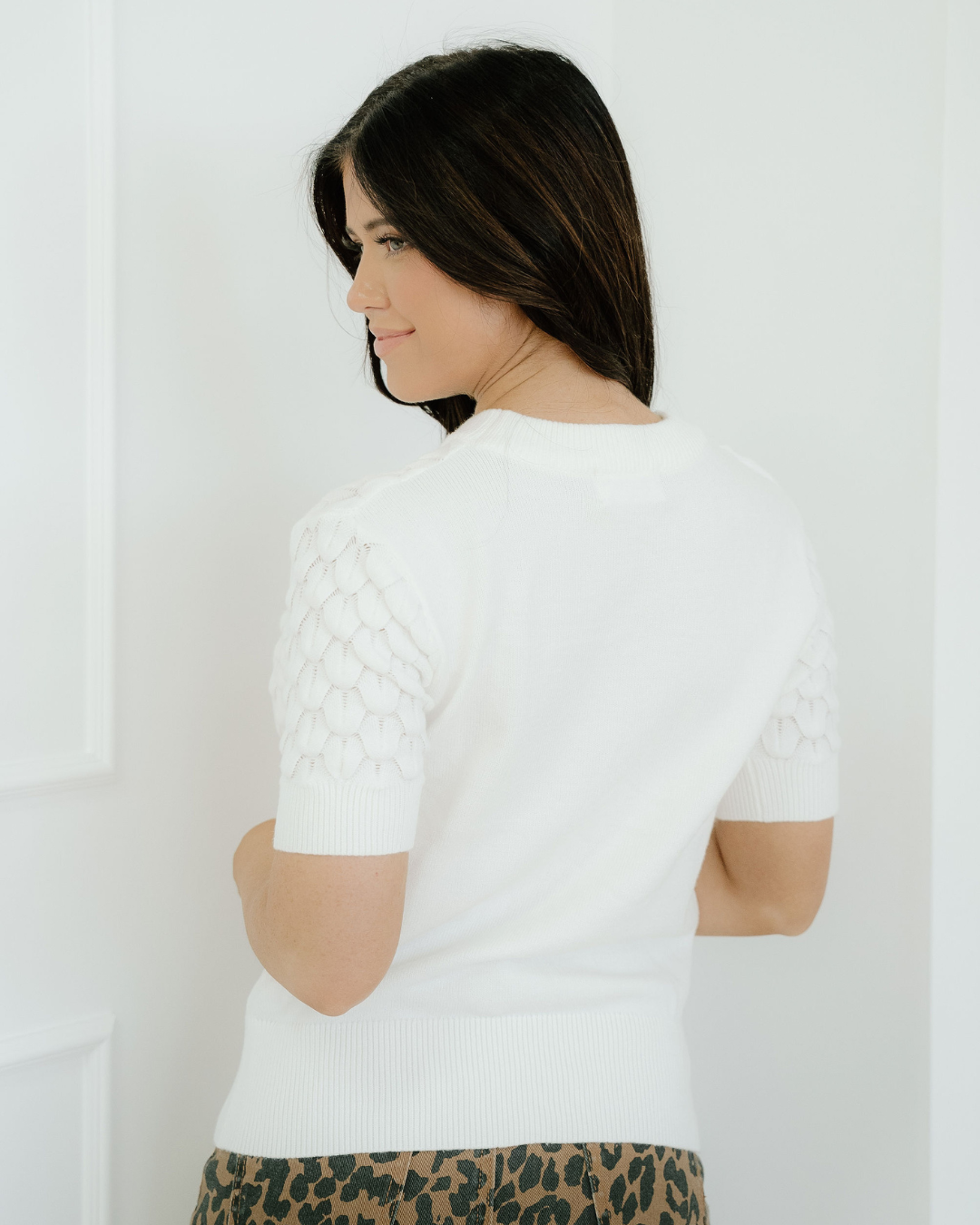 Magnolia Textured Knit Ribbed High Neck Short Sleeve Sweater - White