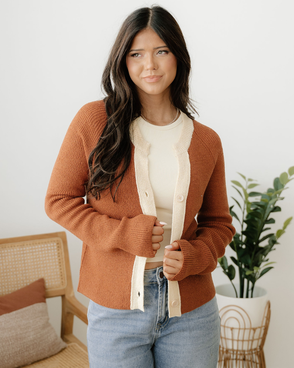 Ember Contrast Color V Neckline Knit Cardigan