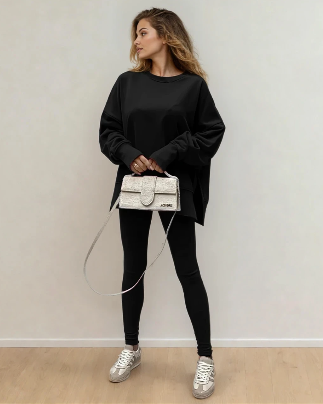 Remi Solid Color Oversize Slit Sweatshirt Ribbed Leggings 2pcs Set - Black