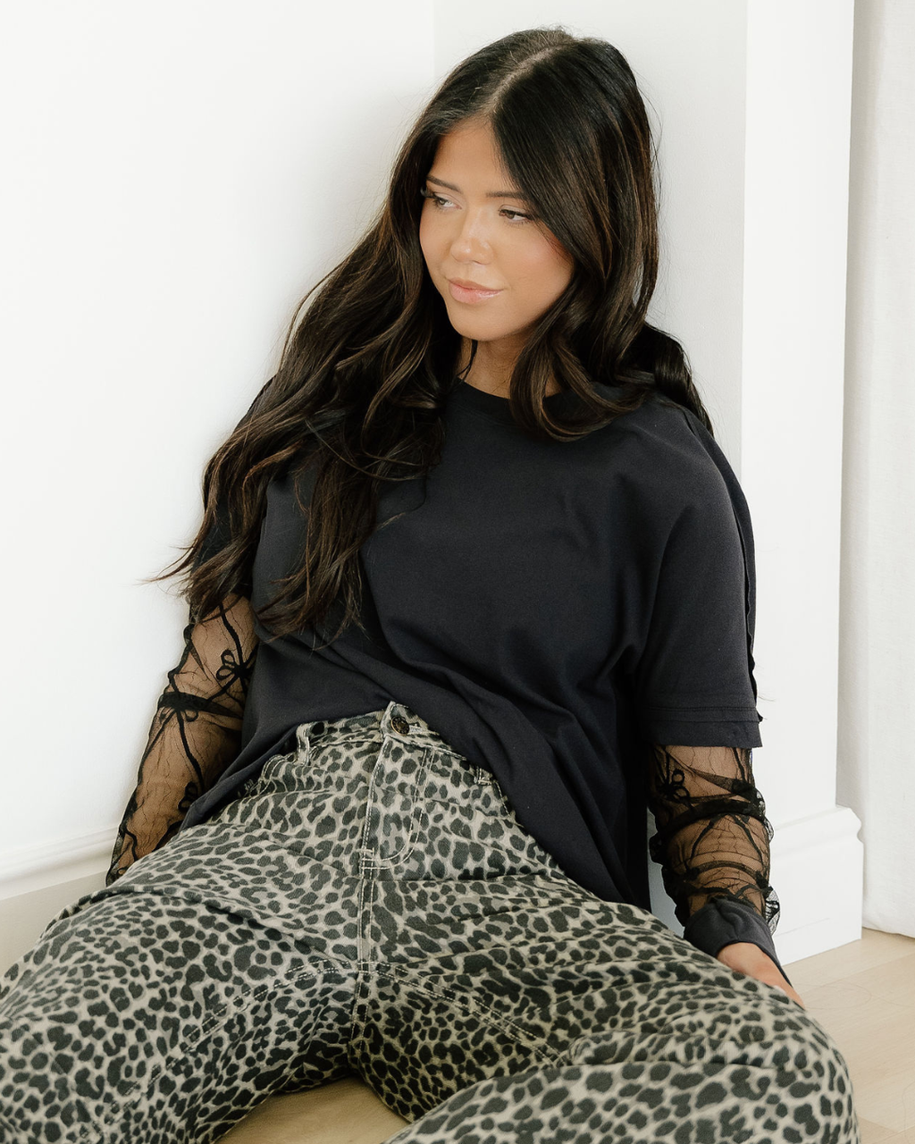 Lace Layered Long Sleeve Tee - Black