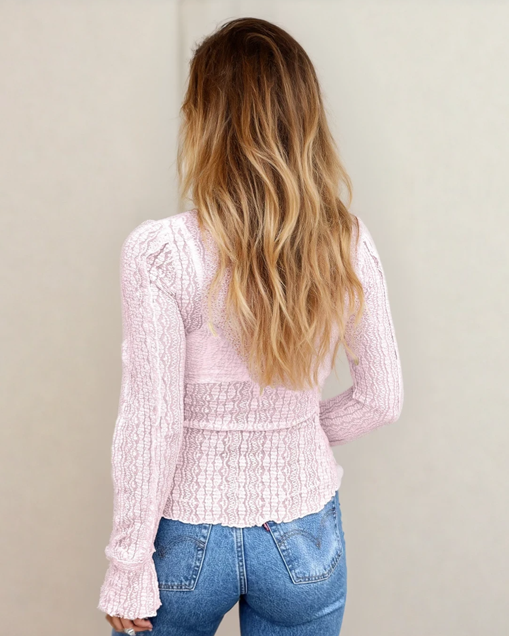 Molly Long Sleeve Mock Neck Sheer Lace Top - Pink