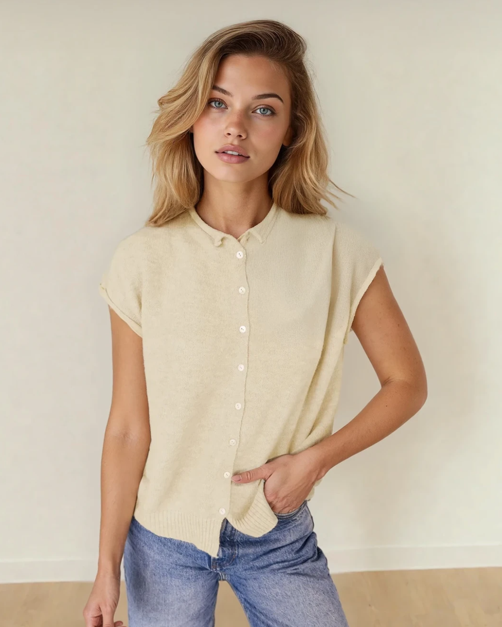 Kiara Buttoned Front Rolled Hem Cap Sleeve Sweater Top