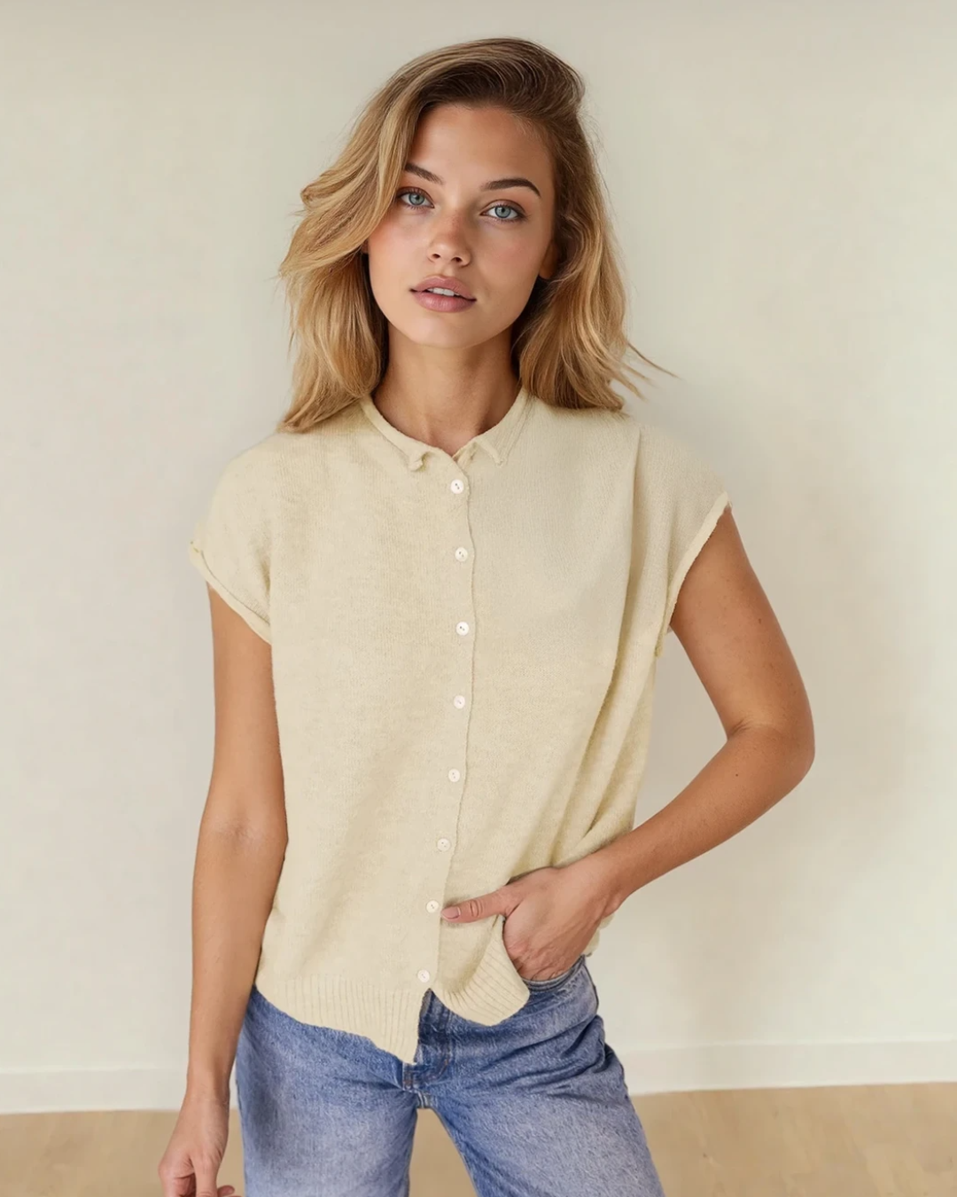 Kiara Buttoned Front Rolled Hem Cap Sleeve Sweater Top