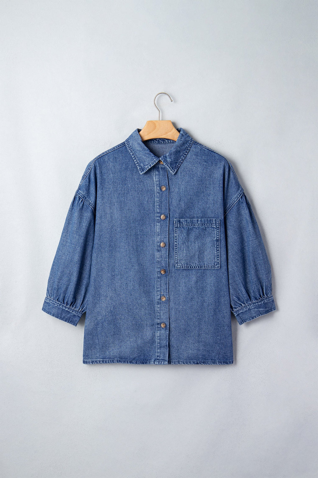 Denim Chest Pocket 3/4 Sleeve Loose Buttoned Shirt
