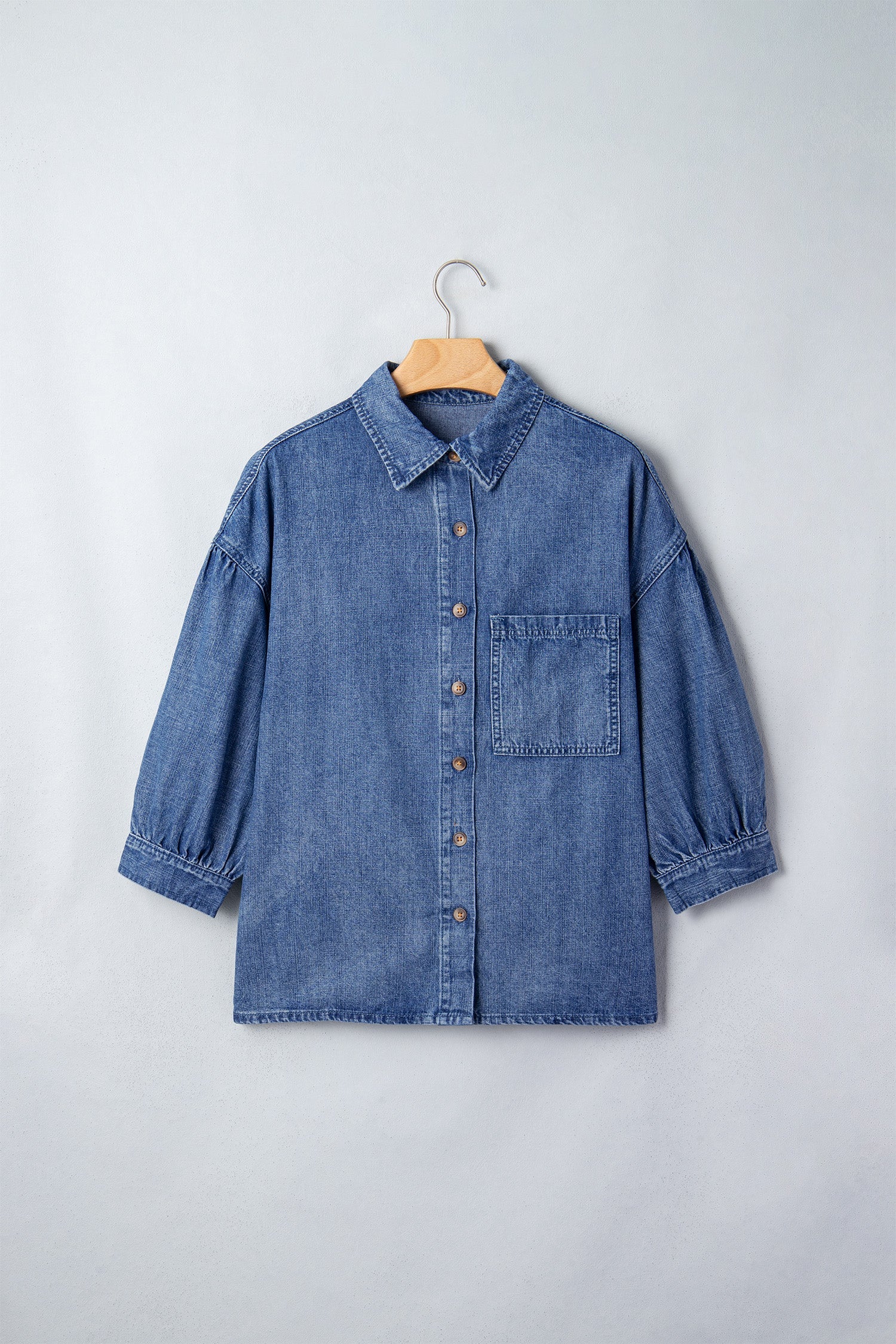 Denim Chest Pocket 3/4 Sleeve Loose Buttoned Shirt