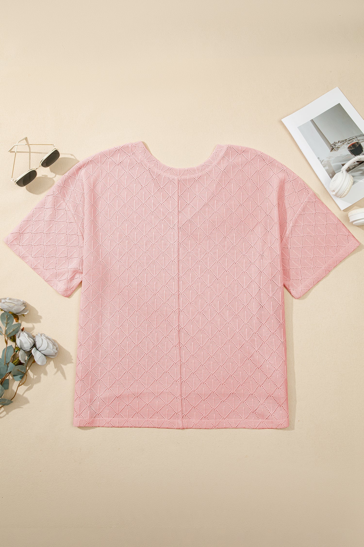 Plus Size Solid Pointelle Knit Rhombus V-Neck Top