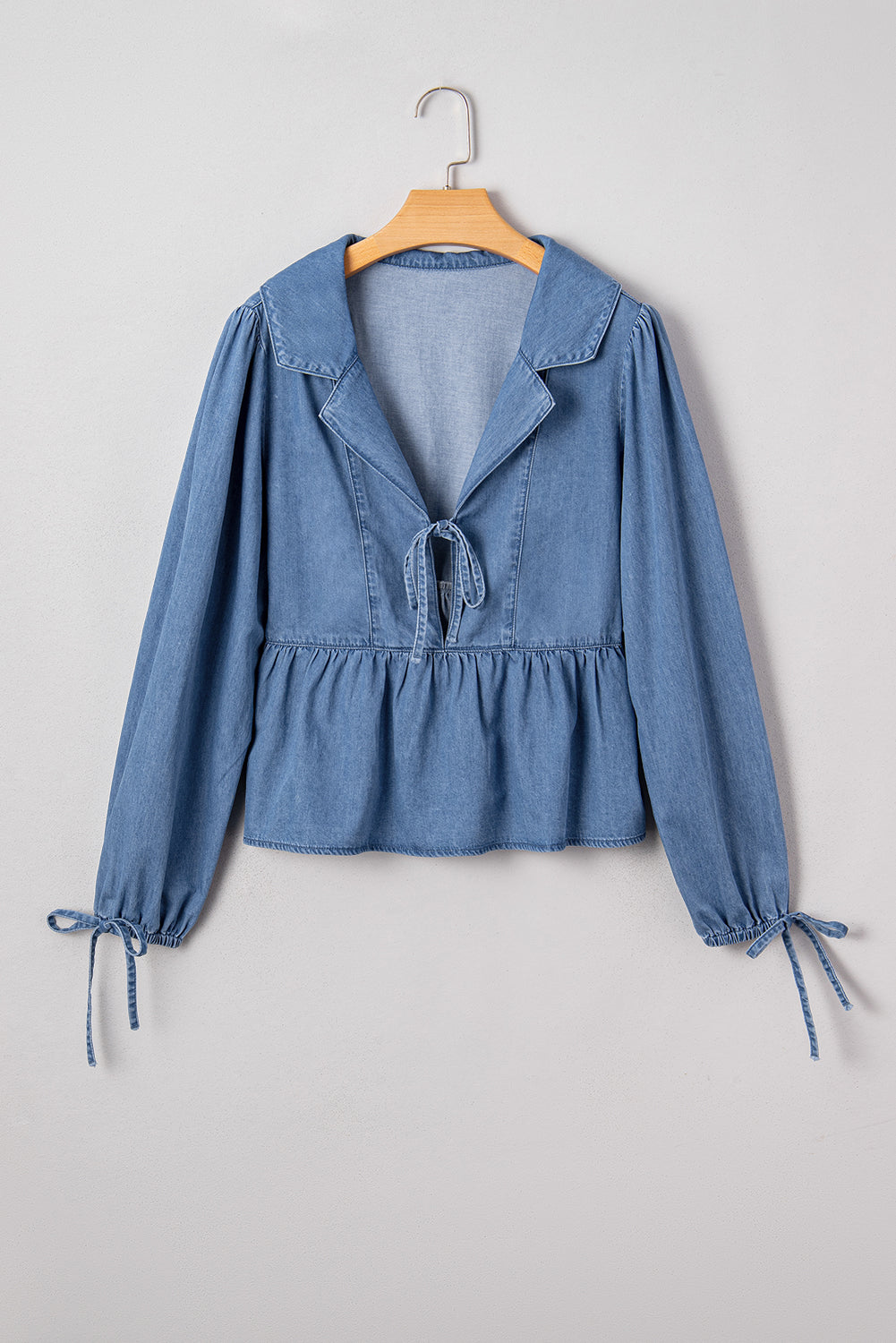 Denim Lapel Collar Balloon Sleeve Peplum Top