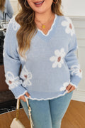 Plus Size Floral Scallop V-Neck Sweater