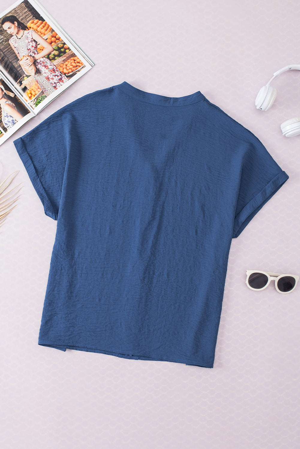Solid Crinkle Textured Batwing Sleeve V-Neck Blouse
