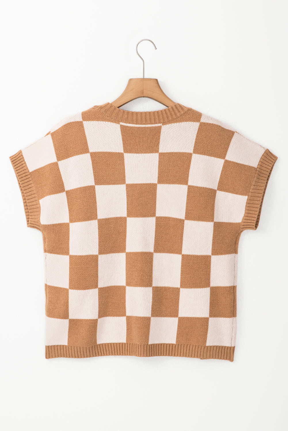 Checker Colorblock Ribbed Trim Sweater Knit Top