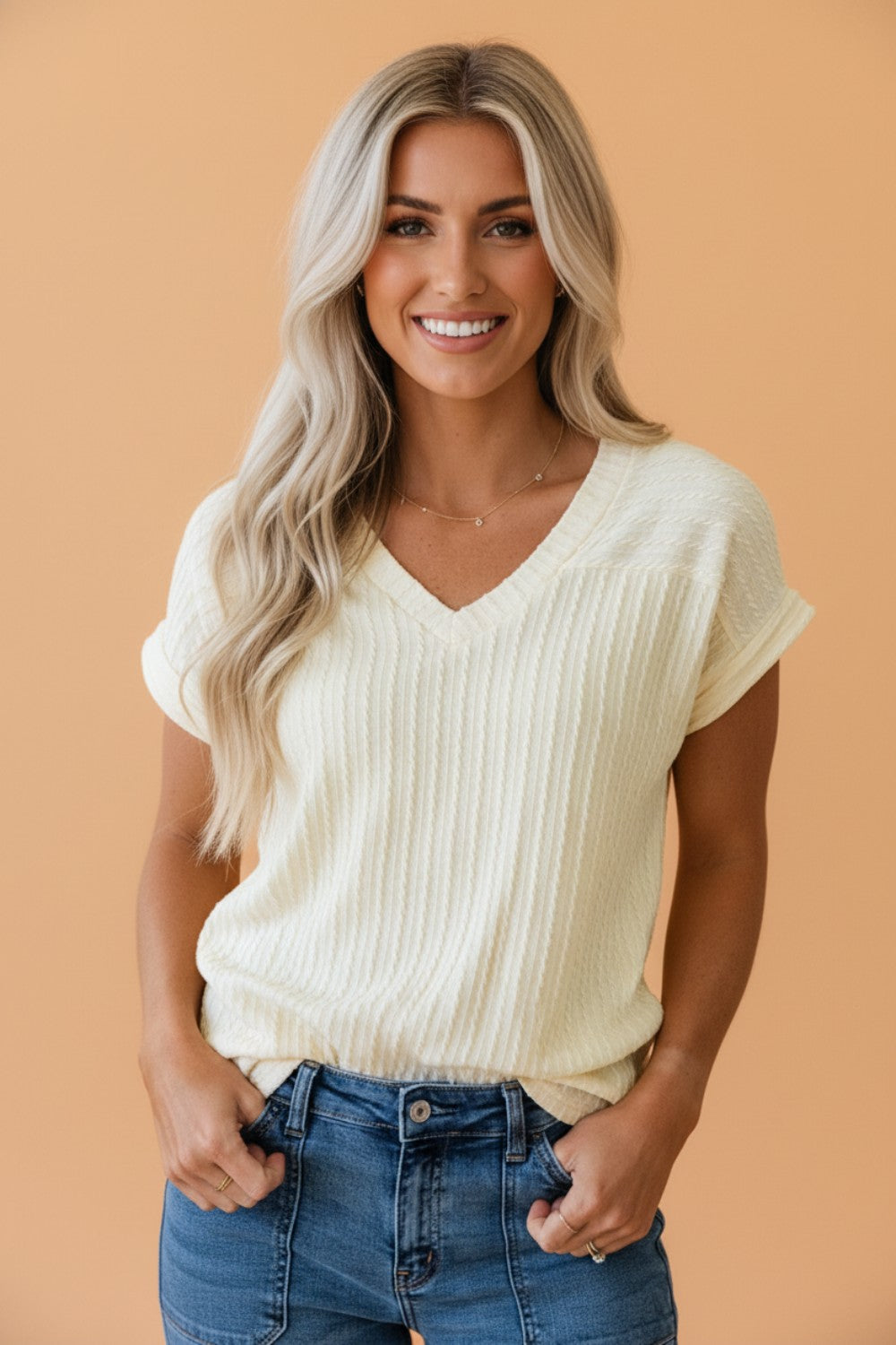 Cable Knit Textured V-Neck Short Sleeve T-Shirt