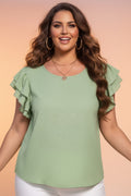 Plus Size Solid Crew Neck Ruffle Sleeve Top