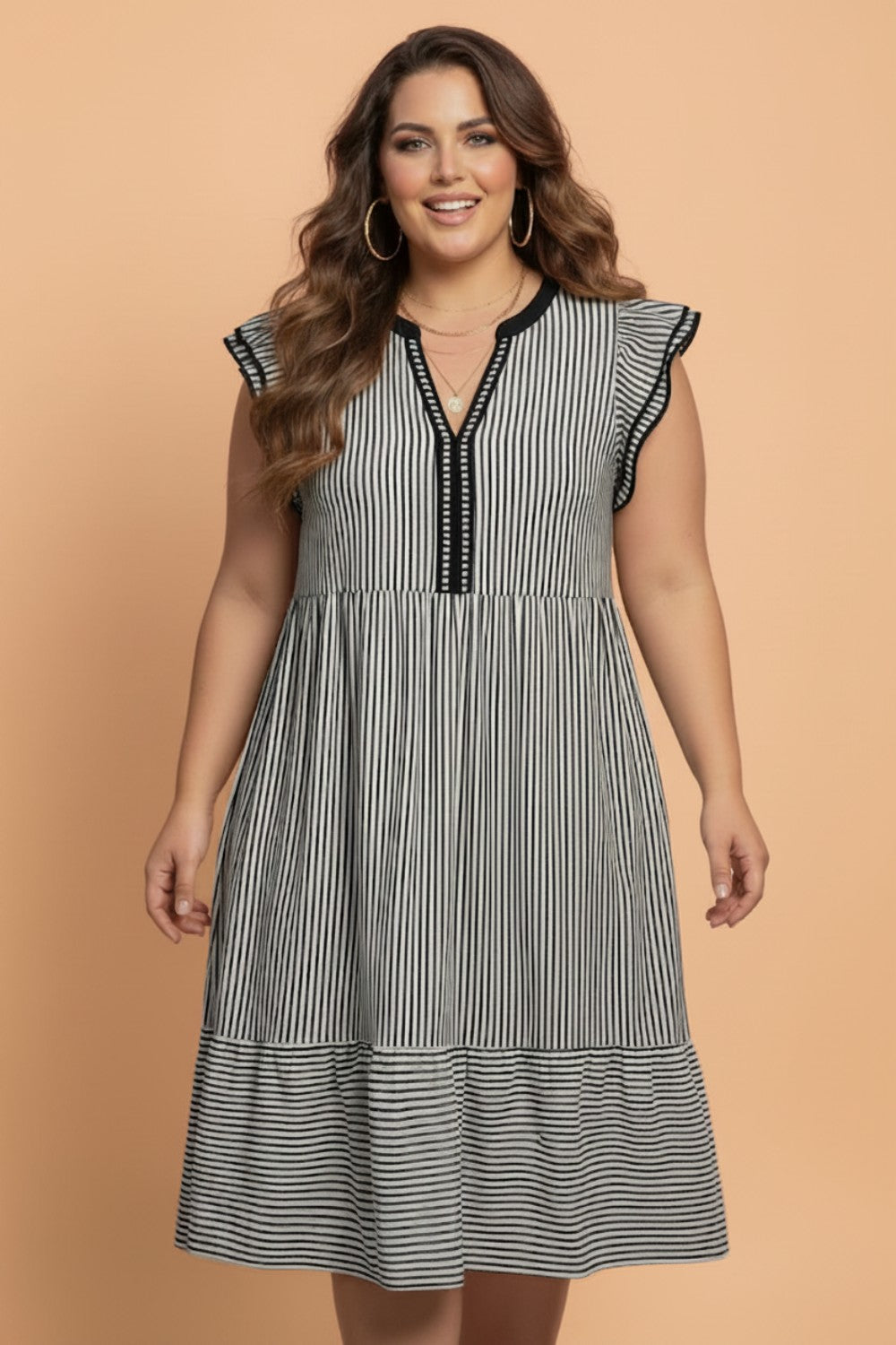 Plus Size Stripe Flutter Sleeve V-Neck Maxi Dress