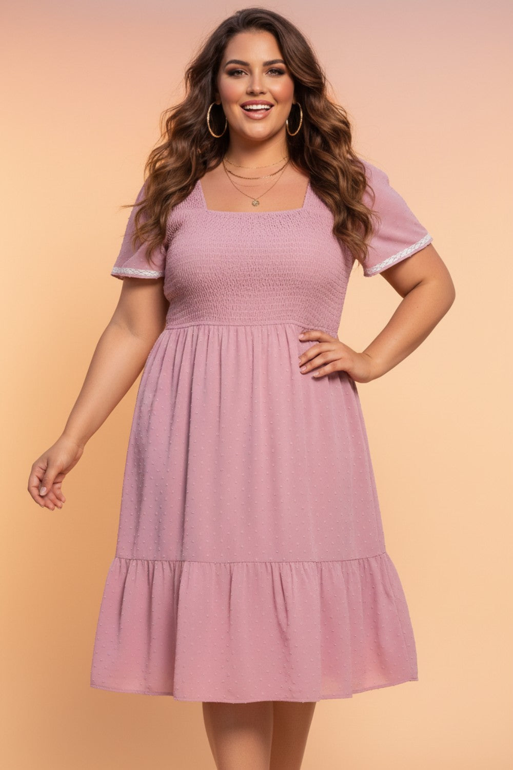 Plus Size Swiss Dot Smocked Flowy Midi Dress