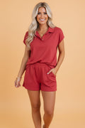 Solid Polo Tee & Elastic Waist Short Set