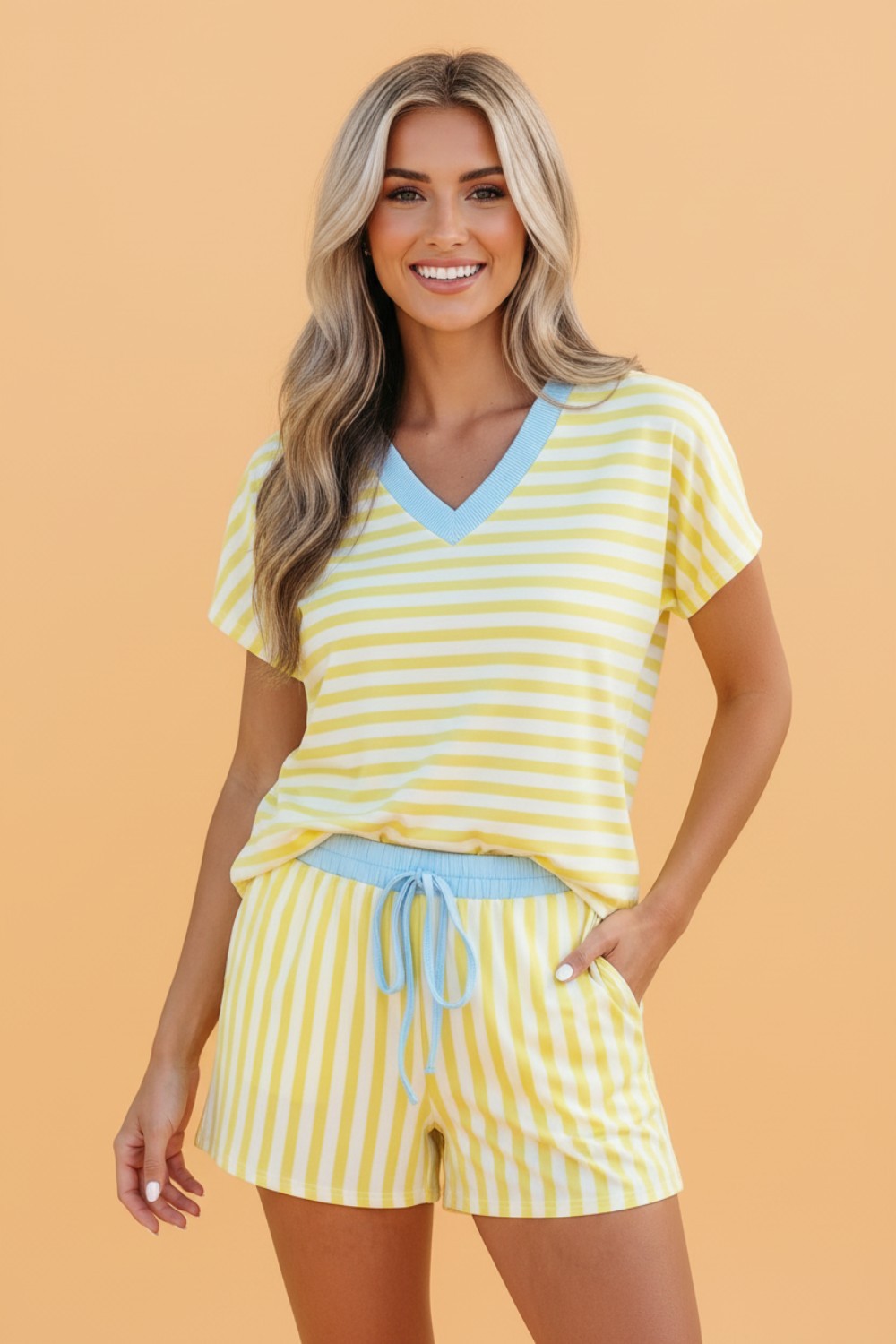 Stripe Colorblock V-Neck Tee & Drawstring Short Set