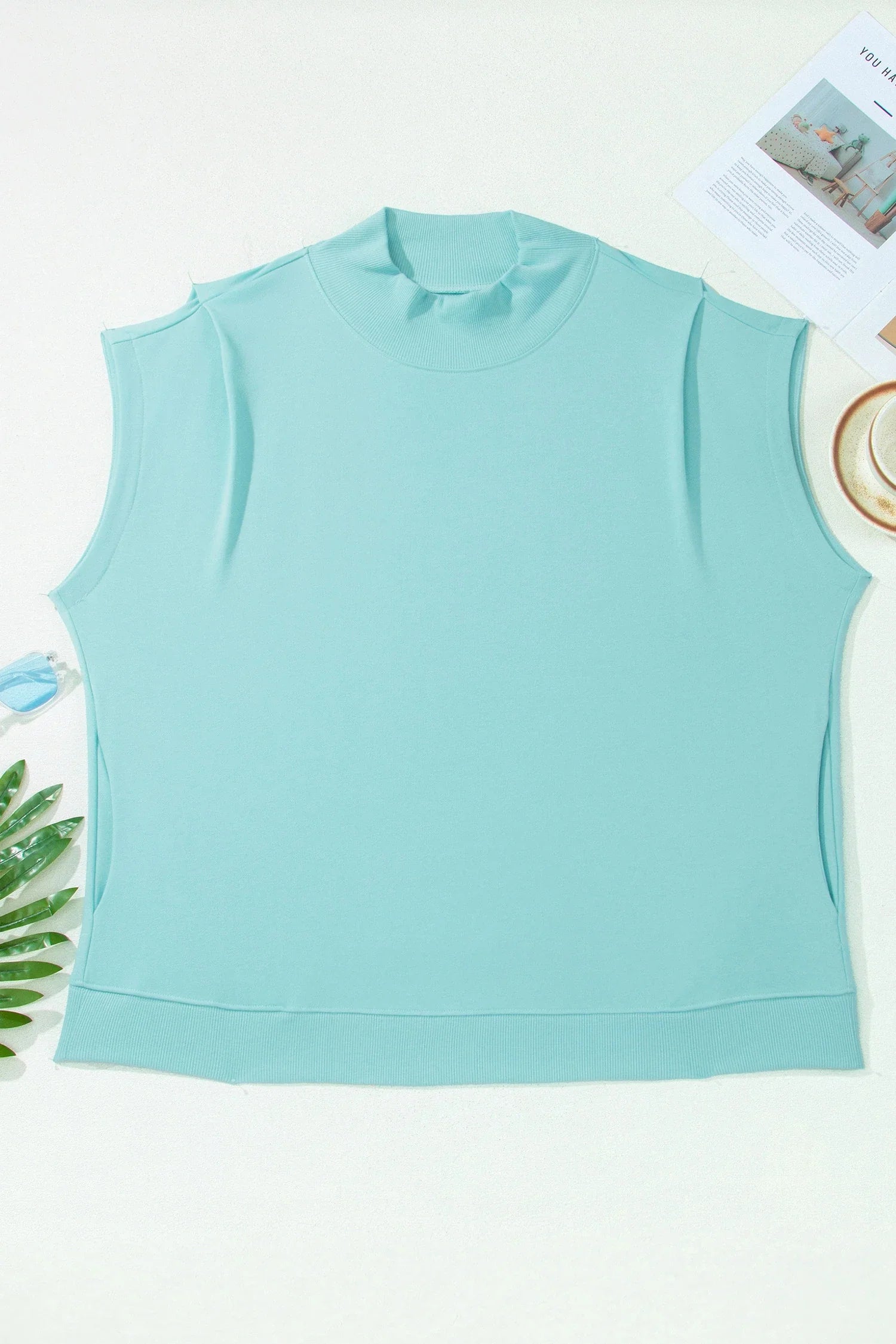 Plus Size Solid High Neck Cap Sleeve Top