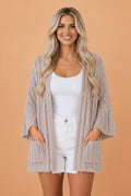 Solid Hollowed Knit Drop Shoulder Open Cardigan
