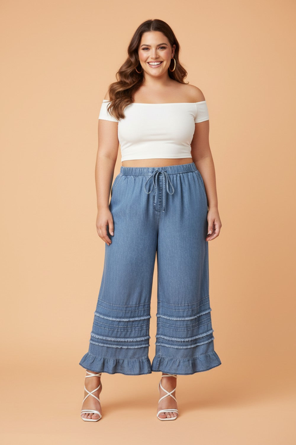 Plus Size Tiered Raw Edge Ruffle Denim Pants