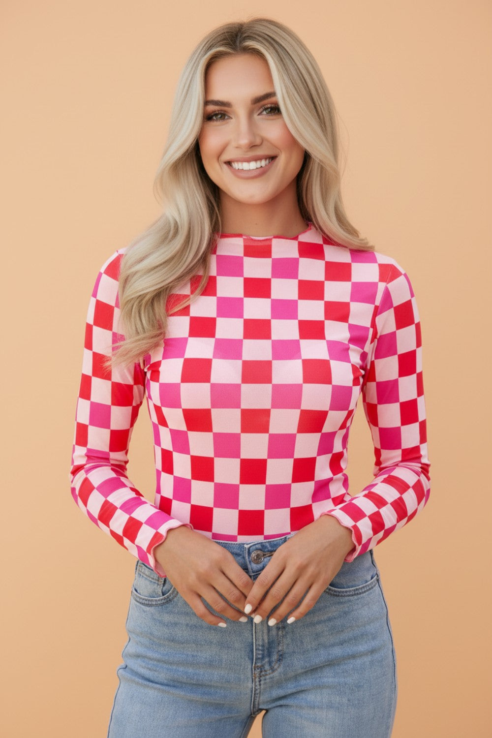 Checker Sheer Mesh Long Sleeve Blouse
