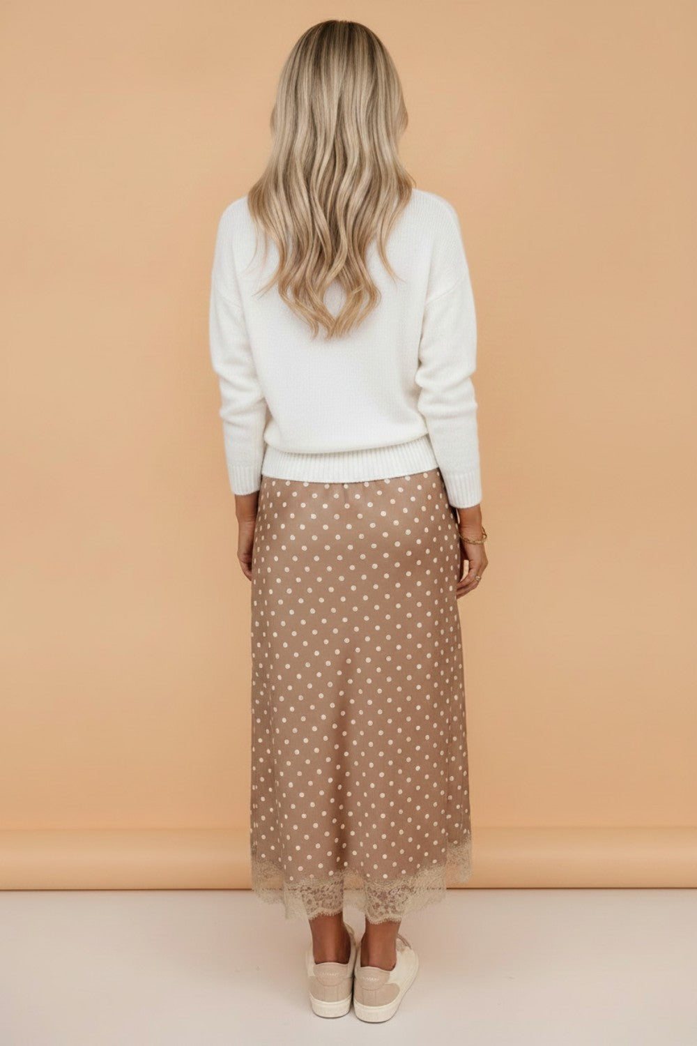 Polka Dot Lace Hem Midi Skirt