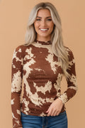 Western Cow Mock Neck Long Sleeve Top