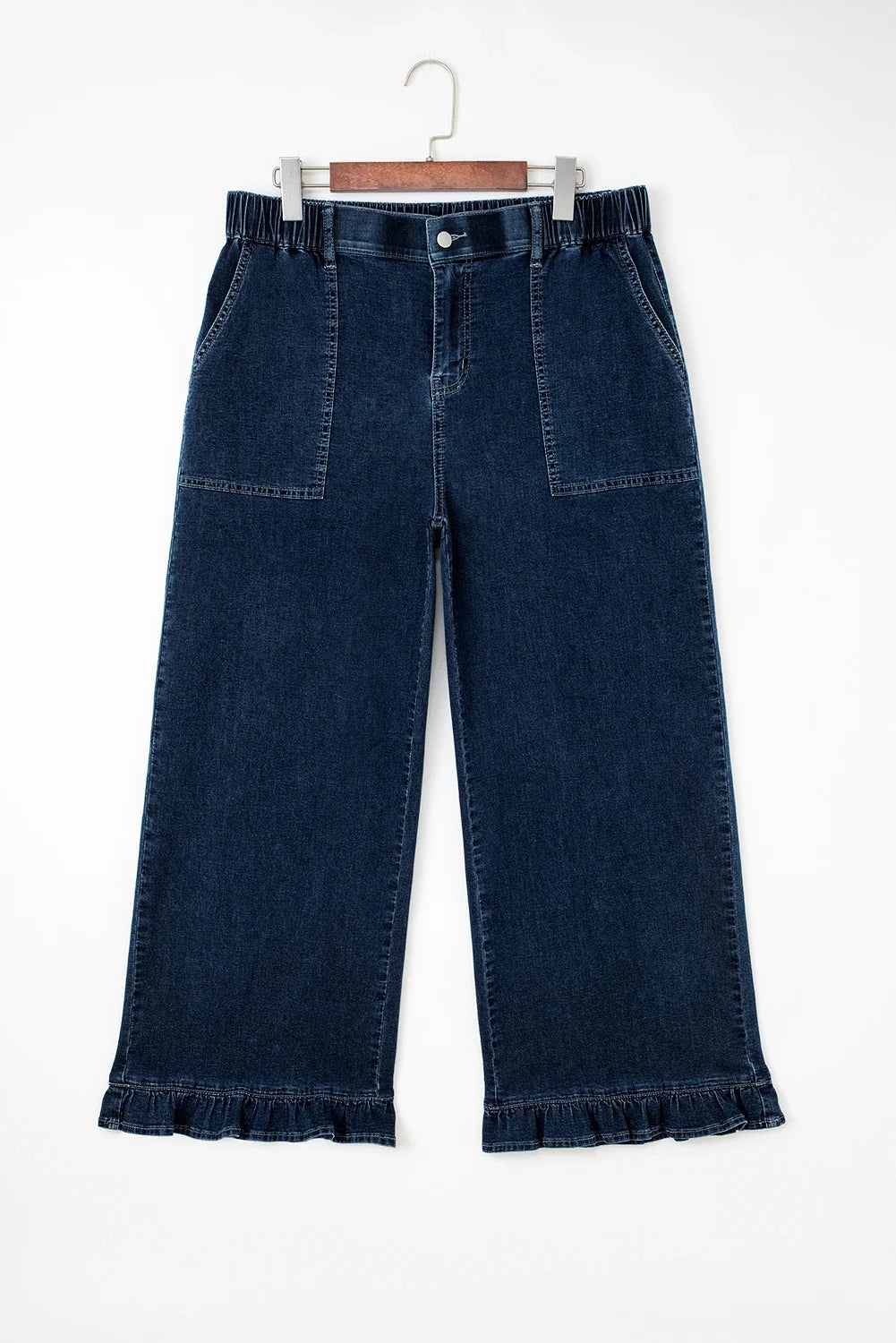 Plus Size Denim Elastic Waist Ruffle Wide Leg Pants