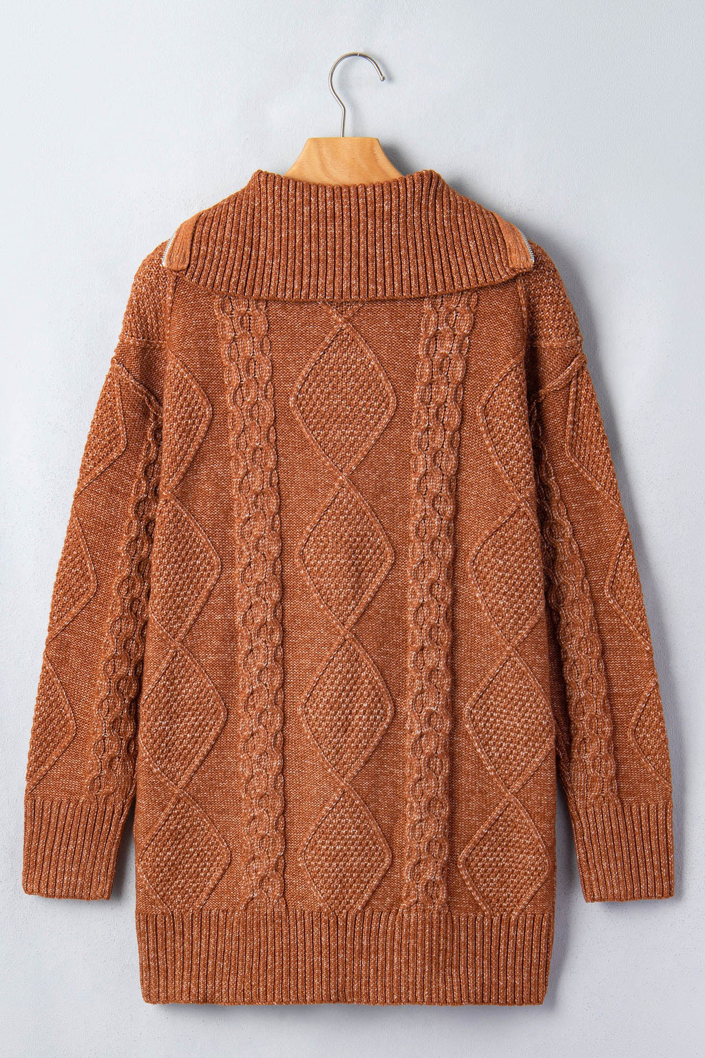 Solid Cable Knit Zip-Up Collar Long Sleeve Sweater Dress