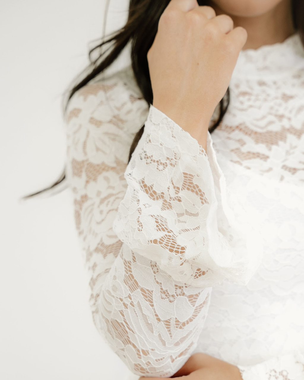 White Lace Crochet Bell Sleeve Mock Neck Blouse