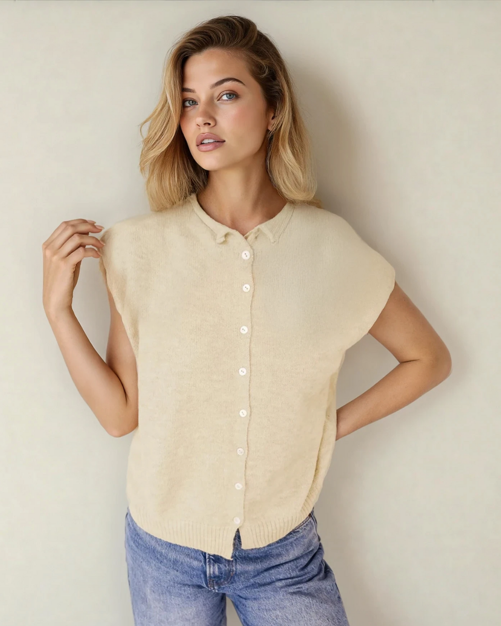 Kiara Buttoned Front Rolled Hem Cap Sleeve Sweater Top