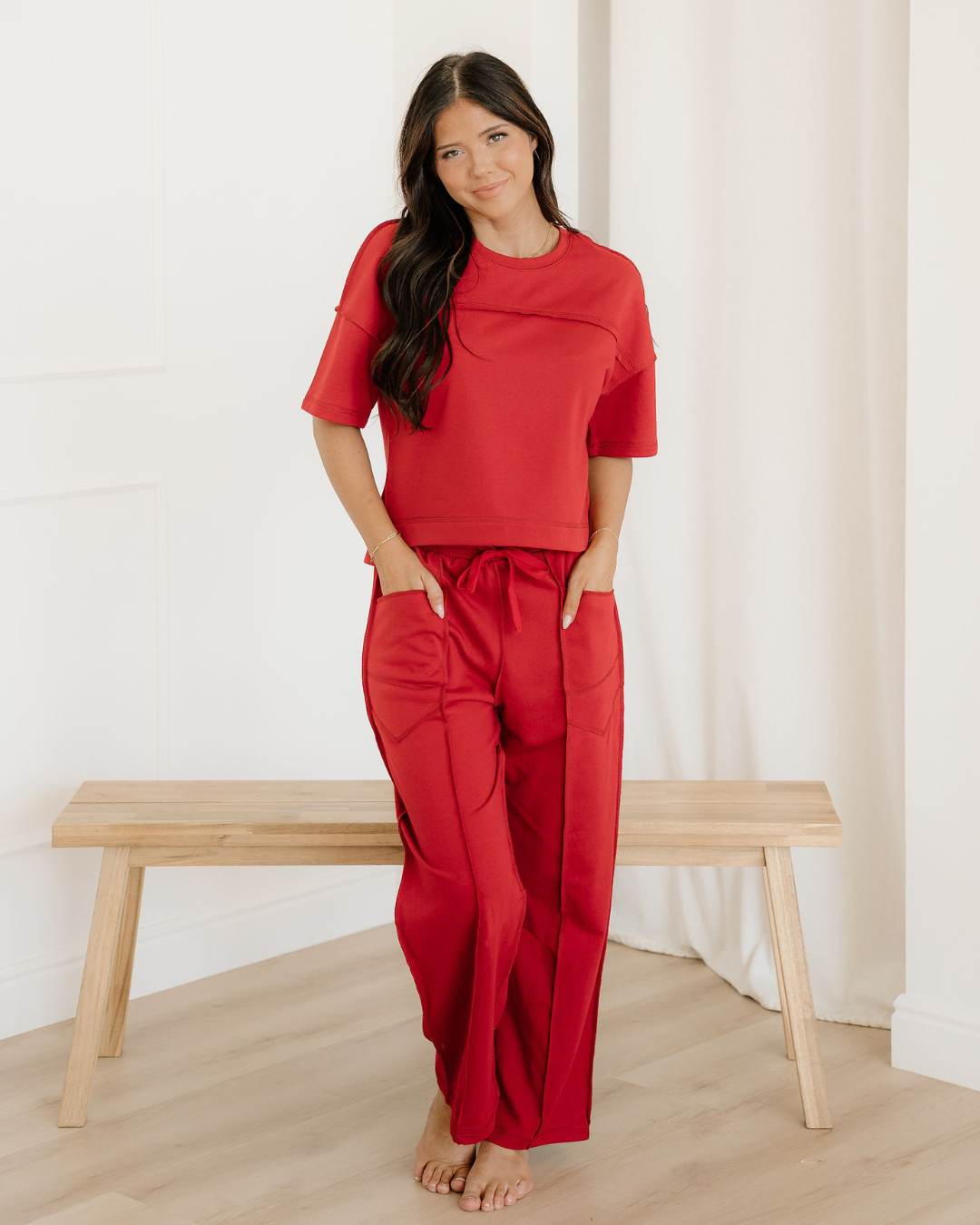 Drop Shoulder Boxy Tee and Barrel Pants Set  - Racing Red