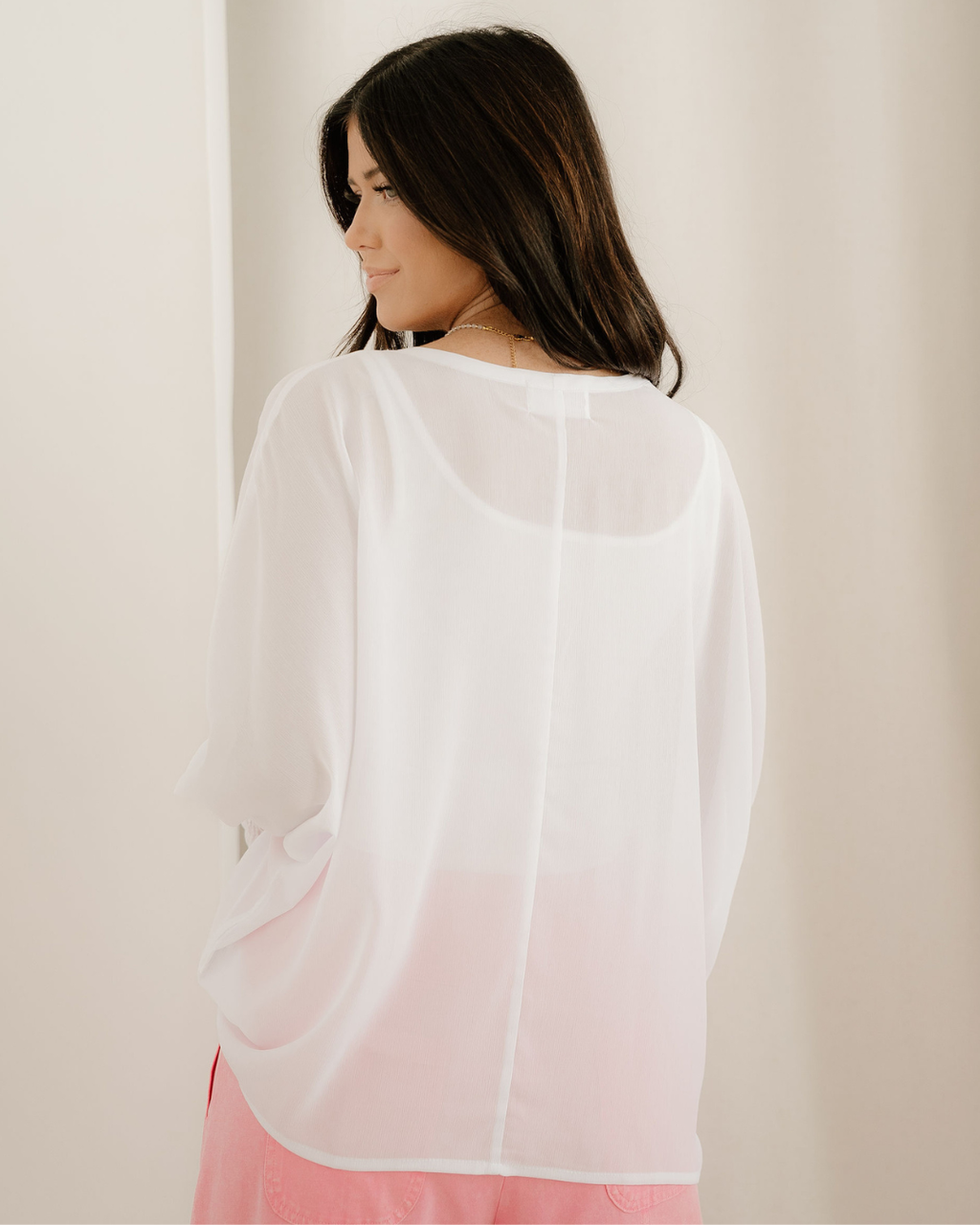 Marley Smocked Cuffs Semi Sheer Long Sleeve Dolman Blouse